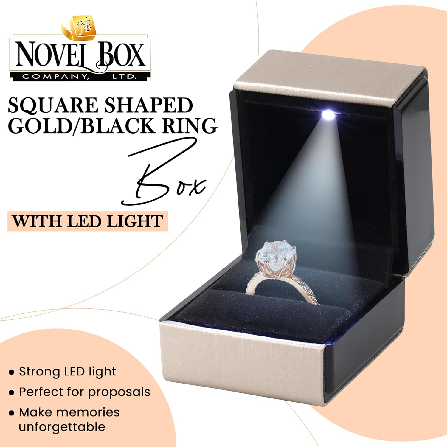 Novel Box Square Shaped Gold Ring Box With LED Light 2.25X2X2.5 Inches - Jewelry Ring Case Best for Jewelry Displays - Gift Boxes for Mother's Day, Engagement, Anniversary & more Happy Occasions