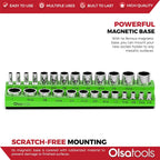 Olsa Tools Magnetic Socket Organizer | 3/8-inch Drive | SAE | Green | Holds 26 Sockets | Professional Quality Tools Organizer