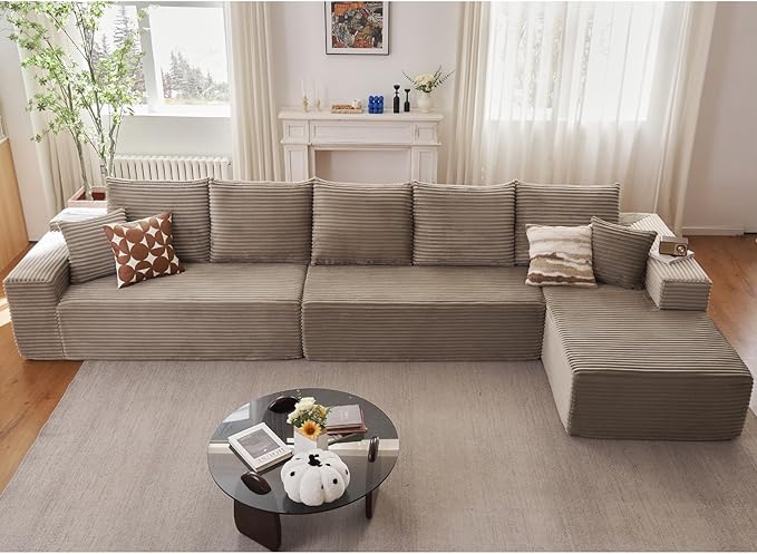 166.9" Cloud Sectional Couch with L-Shape Chaise, Upholstered Corduroy Couches Sleeper with Deep Seat, Modern Modular Comfy Sofa Chaise Longue for Living Room Bedroom, No Assembly Required, Camel