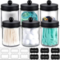Amolliar 6Pc Apothecary Jars Bathroom Vanity Organizer- Rustic Farmhouse Decor Storage Canister with Stainless Steel Lids- Qtip Dispenser Holder for Q-Tips,Cotton Swabs,Rounds,Ball,Flossers (Black)