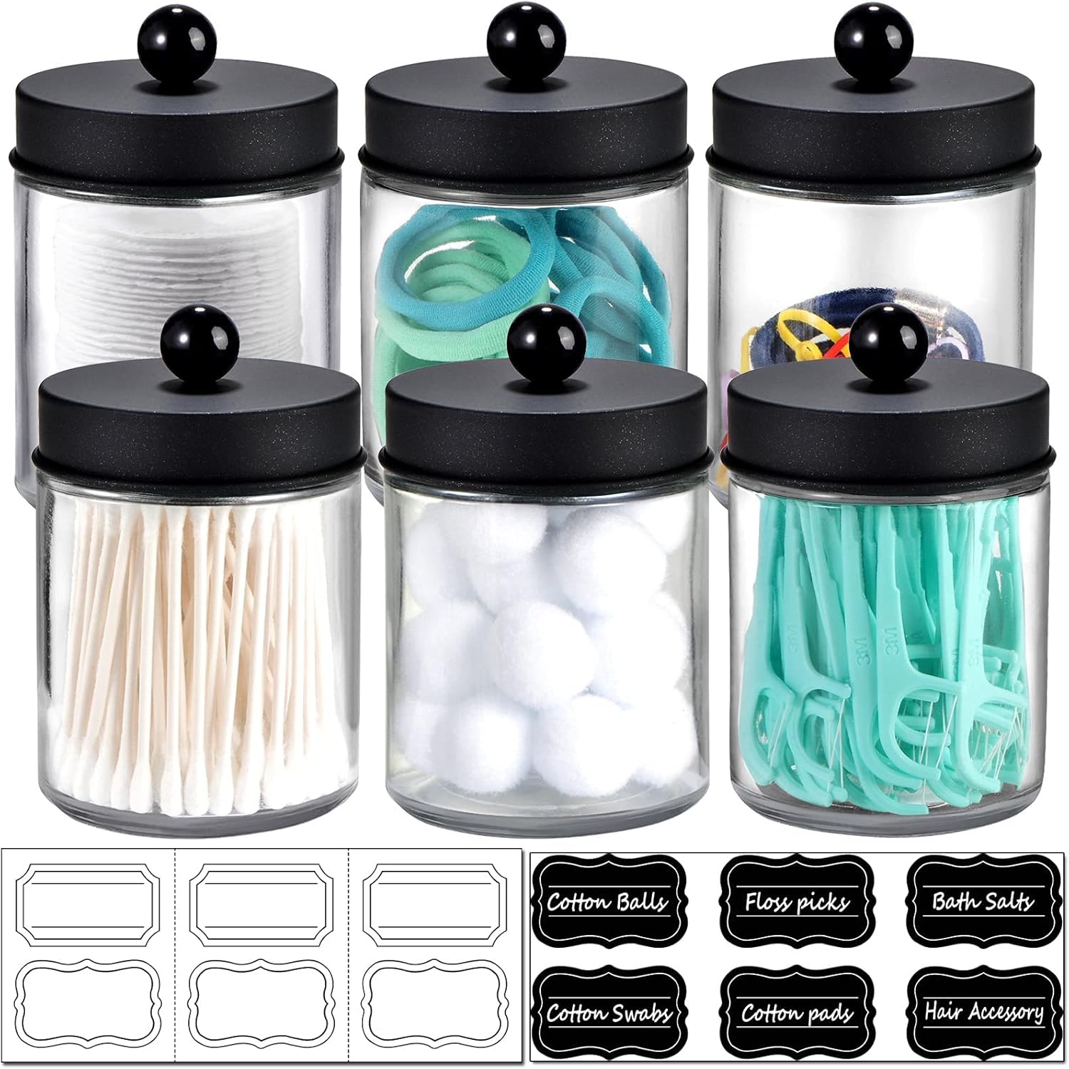 Amolliar 6Pc Apothecary Jars Bathroom Vanity Organizer- Rustic Farmhouse Decor Storage Canister with Stainless Steel Lids- Qtip Dispenser Holder for Q-Tips,Cotton Swabs,Rounds,Ball,Flossers (Black)