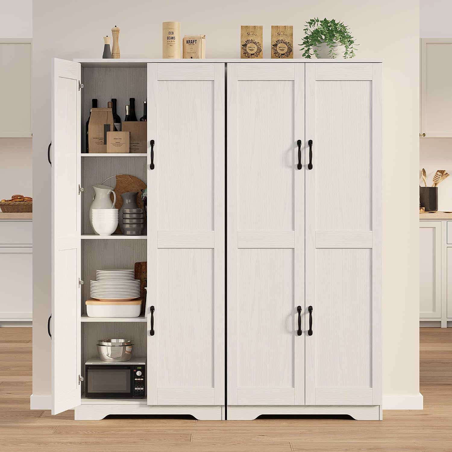 CABIHOME White Pantry Storage Cabinet 60" Tall, 2-Door Adjustable Shelf Cupboard for Kitchen, Bathroom, Living Room - Tall Storage Furniture