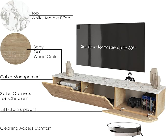 Atelier Mobili Floating TV Stand Wall Mounted, Floating Entertainment Center, Modern Media Console and TV Stand for Living Room, Entertainment Stand up to 80 Inch TV