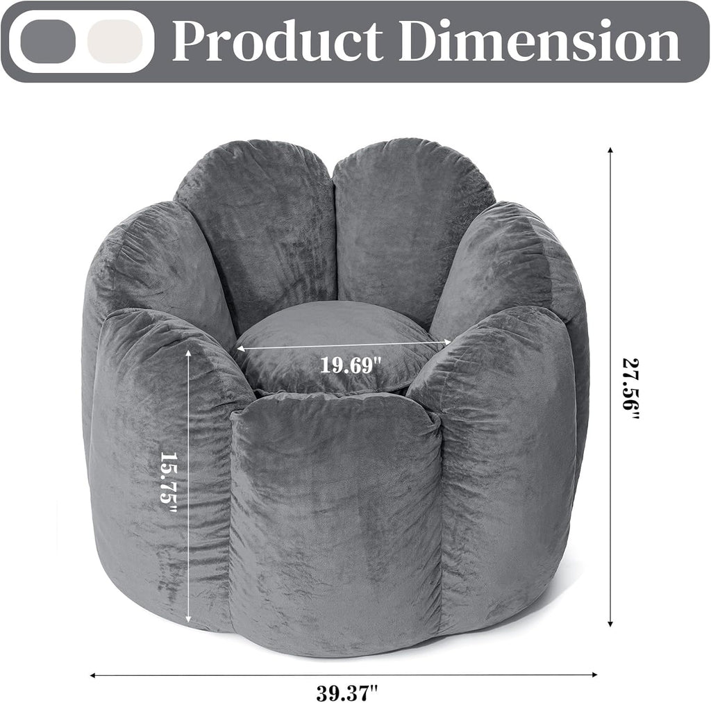 HOMMPA Bean Bag Chair for Adults Comfy Velvet Bean Bag Couch with Back Support Flower Shaped Oversized Sofa for Living Room,Bedroom,Dorm,Grey