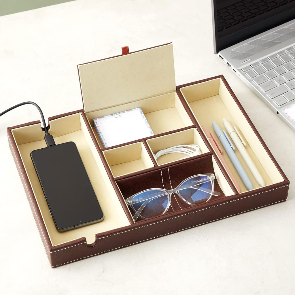 Juvale Rectangular Catchall Tray - 6-Compartment Nightstand Organizer - Polished Key Bowl - Portable Drawer Organizer - Brown Faux Leather