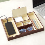Juvale Rectangular Catchall Tray - 6-Compartment Nightstand Organizer - Polished Key Bowl - Portable Drawer Organizer - Brown Faux Leather