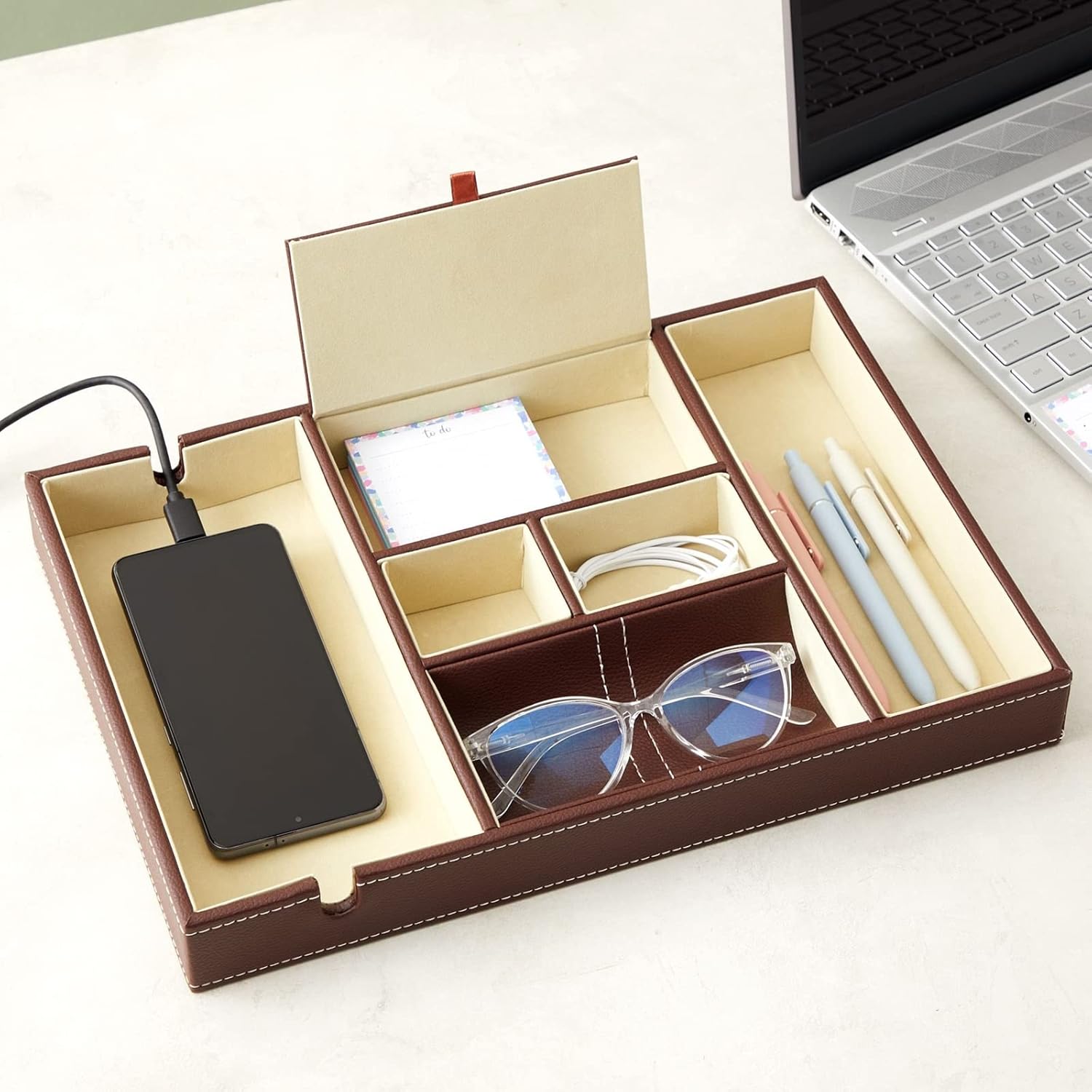 Juvale Rectangular Catchall Tray - 6-Compartment Nightstand Organizer - Polished Key Bowl - Portable Drawer Organizer - Brown Faux Leather