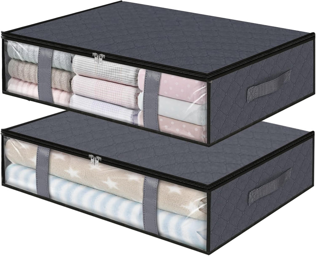 StorageRight Under Bed Storage Bins, 2-Pack 40L Foldable Fabric Storage Bags with Transparent Window, Breathable Organizer for Clothes/Blanket/Comforter/Quilt, Grey