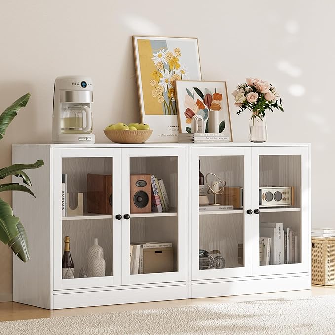 TUSY 71" Large TV Stand Set - TV Entertainment Center for TVs up to 65", Media Center with Tempered Glass Doors and Drawer, TV Hutch with Bookshelves for Living Room (White, BDDB)