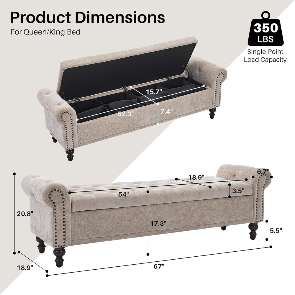 SOFTHION Storage Bench for Bedroom, 67" End of Bed Bench King Size, Upho...