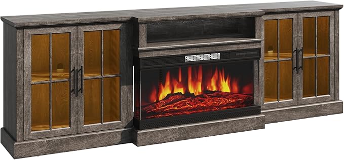98" Farmhouse TV Stand with 36" Fireplace for Living Room,Media Entertainment Center with Adjustable Shelves and Large Storage Cabinets, TVs up to 100", Gray