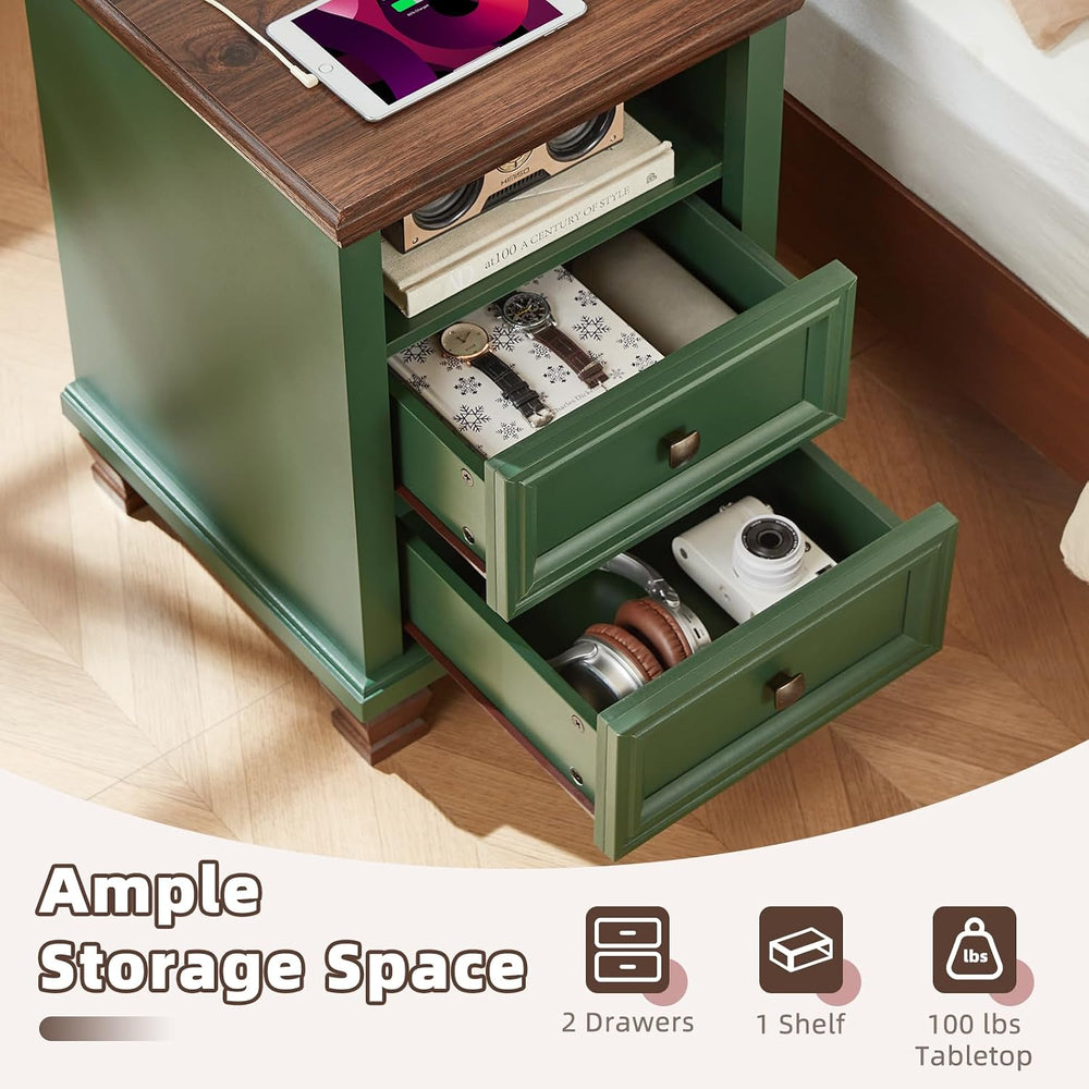 SAVOR LIFE Farmhouse Nightstand Set of 2 with Charging Station, Green | End T...