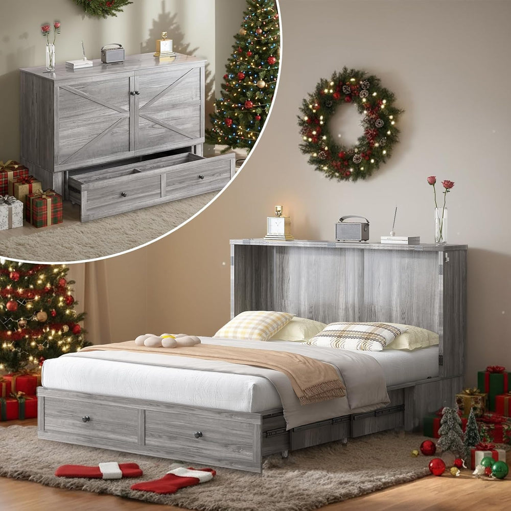 Mjkone Queen Size Murphy Bed with Tri-Folding Mattress, Farmhouse Murphy Cabi...
