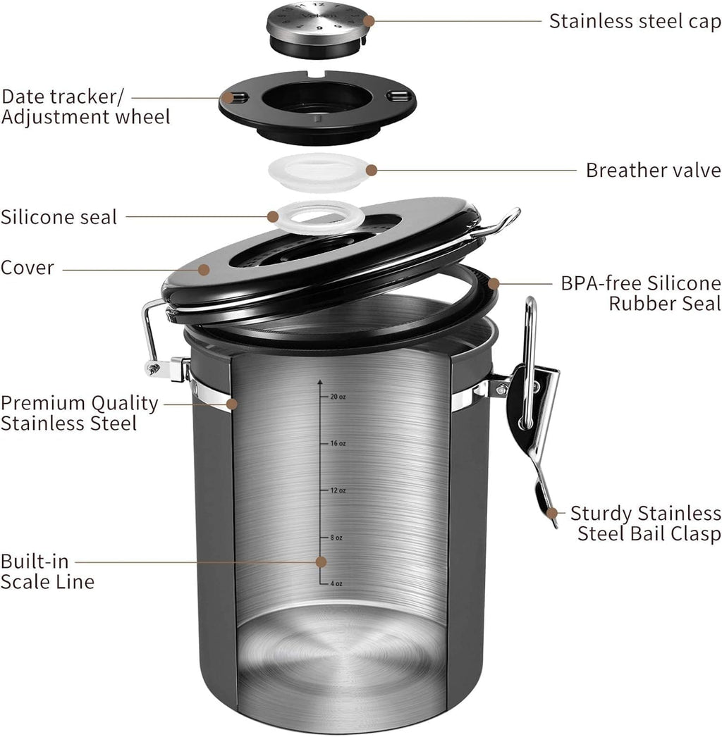 Veken Coffee Canister with Window,Airtight Stainless Steel Kitchen Food Storage Container, Date Tracker & Scoop for Grounds Coffee, Beans, Tea, Flour, Cereal,Sugar,22OZ,Grey