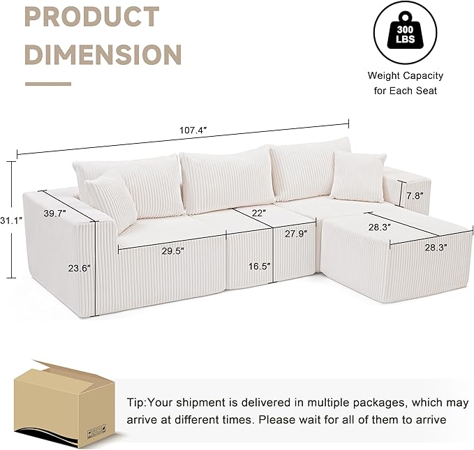 107.4" Cloud Couch Sectional, Modular Sofa with Deep Seat, Plush Corduroy L Shaped Boneless Couch, Convertible Sectional Couches for Living Room, 4Seat, Beige