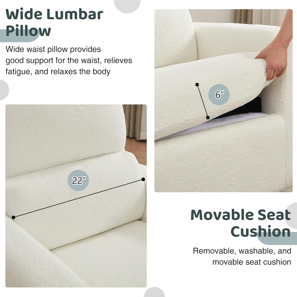 Power Swivel Rocker Recliner, Oversized Boucle Nursery Glider Recliner, Swivel Rocking Reclining Chair with Removable Cushion and Lumbar Support for Nursery Living Room Bedroom, Teddy White