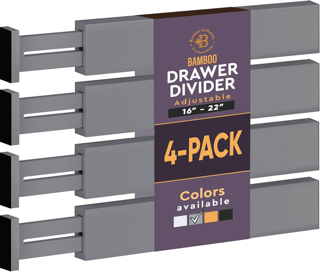 Bambüsi 4 Pack Drawer Dividers - 2.6" High, 16-22" Adjustable Bamboo Drawer Organizers for Clothes, Expandable Dresser Separators in Bedroom/Bathroom/Kitchen/Office Organization and Storage (Grey)