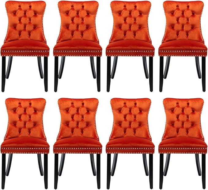 Velvet Upholstered Dining Chairs Set of 8, Modern Style Kitchen Side Chairs with Nailhead Trim and Wood Legs,Metal Pulling Ring for Dining Room Living Room(Orange)