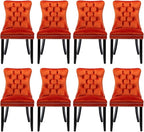 Velvet Upholstered Dining Chairs Set of 8, Modern Style Kitchen Side Chairs with Nailhead Trim and Wood Legs,Metal Pulling Ring for Dining Room Living Room(Orange)
