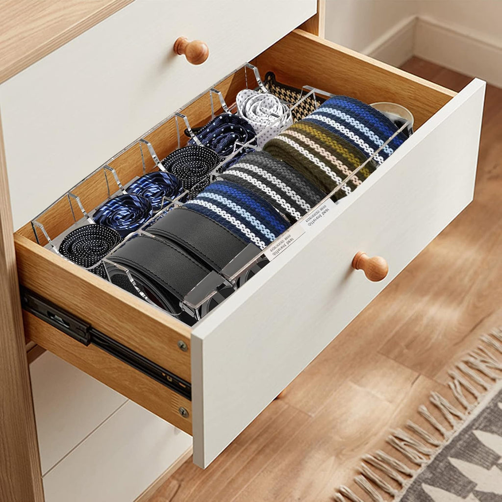 Belt Organizer, Acrylic 12 Compartments Belt Container Storage Holder, Acrylic Belt Display Storage Box, Clear Belt Display Case for Closet Tie and Bow Watch Jewelry Bracelets Ring Cosmetic…