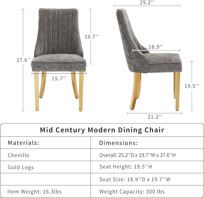 Grey Mid Century Dining Chairs Set of 8, Modern Kitchen & Dining Room Chairs Set of 8, Chenille Fabric Upholstered Kitchen Chairs for Dining Table, Sillas de Comedor, Gold Legs (Gray, 8 Pcs)
