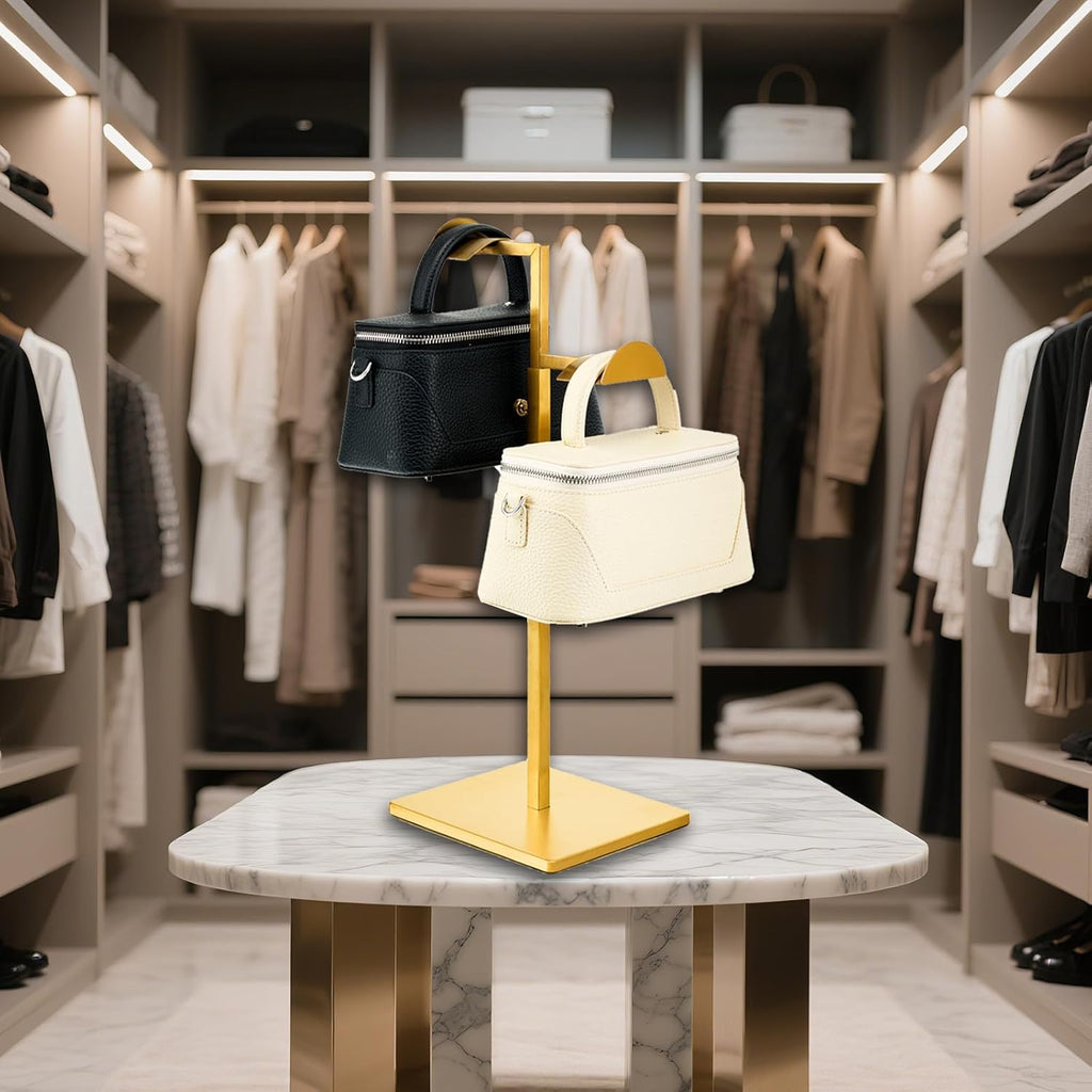 Two Tiers Handbag Display Stands - 2PCS Stainless Steels Purse Stand Holder Adjustable Height Purse Display for Retail Luxury Bag Organizer Home Store Boutique Retail Closet Gold Color