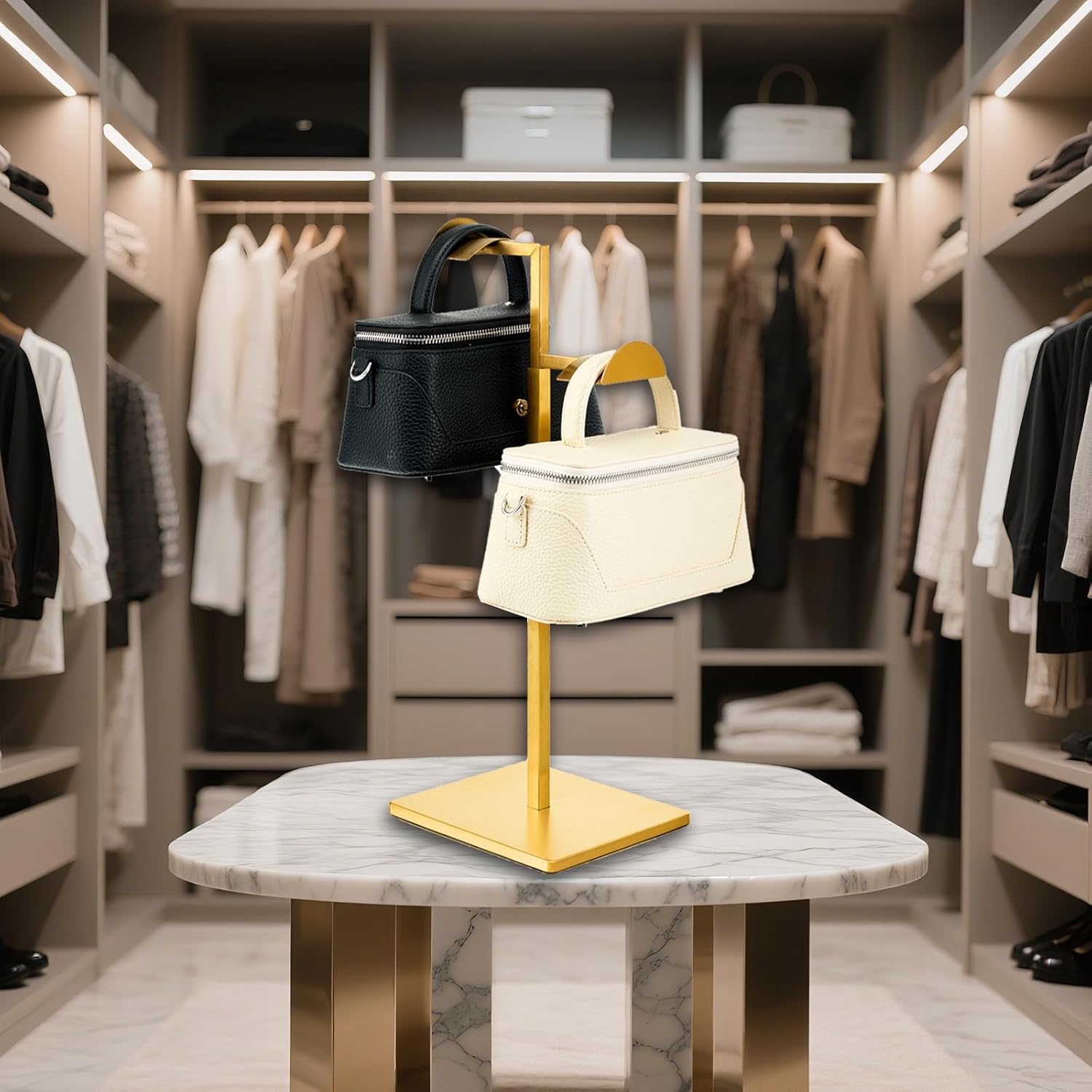 Two Tiers Handbag Display Stands - 2PCS Stainless Steels Purse Stand Holder Adjustable Height Purse Display for Retail Luxury Bag Organizer Home Store Boutique Retail Closet Gold Color