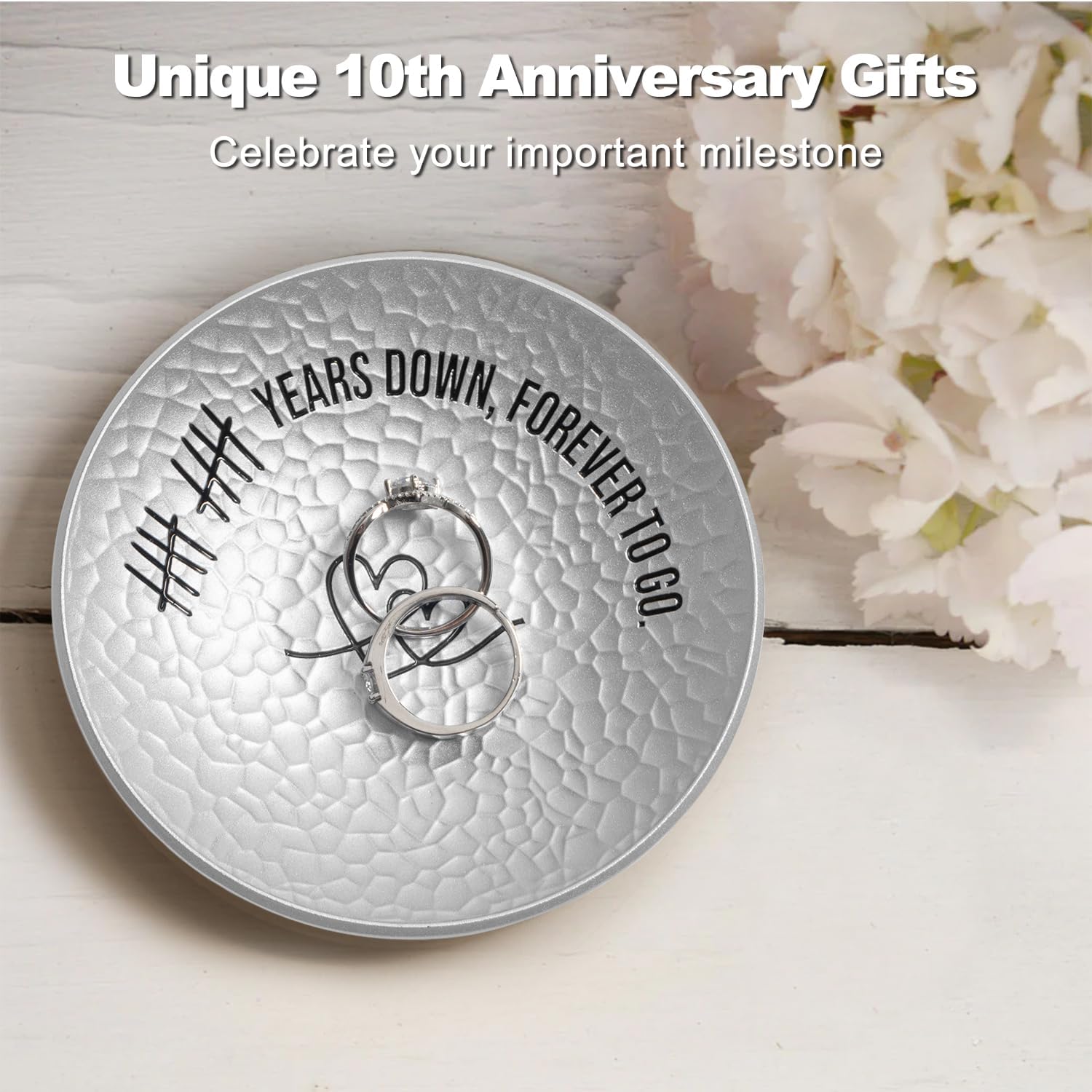 10 Year Anniversary Aluminum Gifts, 10th Wedding Anniversary Jewelry Tray For Wife Husband Her Him, Ripple Textured 4" Ring Holder Dish - Ten Years Decoration Ideas Tin Gift for Parents Men Women