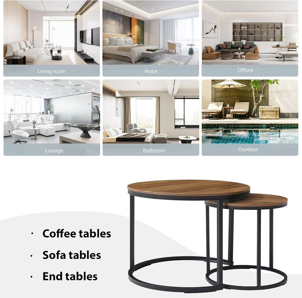 Nesting Coffee Table Set of 2, Round Coffee Table w/Wood Grain Top, Modern Li...
