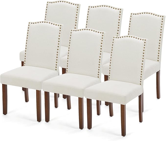 DUMOS Dining Chairs Set of 6, Moden PU Kitchen Table Chairs with Wooden Legs and Padded Seat for Dining Room/Kitchen/Living Room/Restaurant, Beige