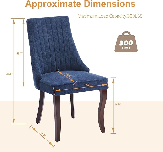 Linen Dining Chairs Set of 6,Comfy Fabric Upholstered Accent Chairs for Kitchen Living Room,Channel Tufted Dining Room Chairs with Curved Solid Wood Legs(Blue)