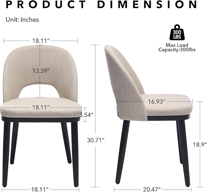 Wooden Dining Chairs Set of 4,Upholstered Kitchen Dining Room Chairs with Curved Backrest and Wood Leg,Modern Fabric Farmhouse Dinner Chair for Restaurant/Cafe,Beige