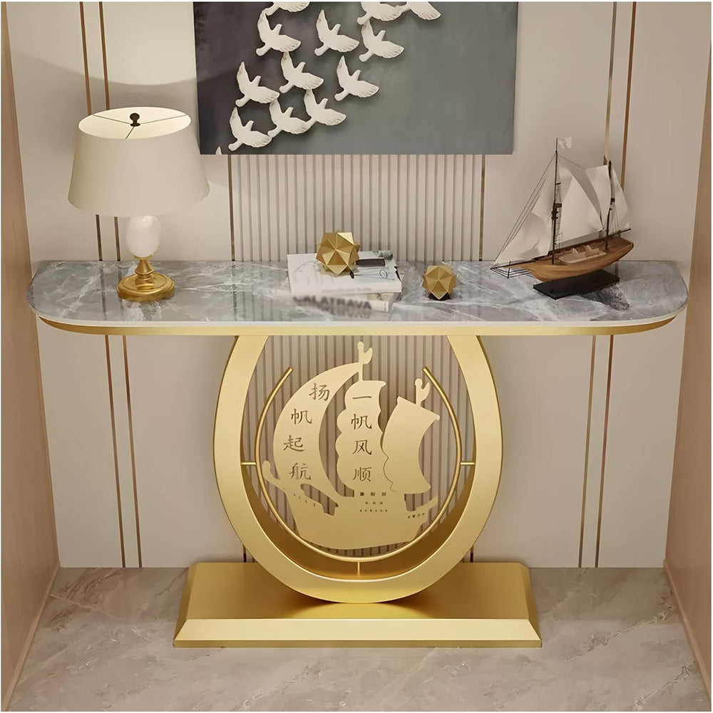 Zfmnoyev Long Accent Stone Top Narrow Console Table | Modern Half-Moon Accent...