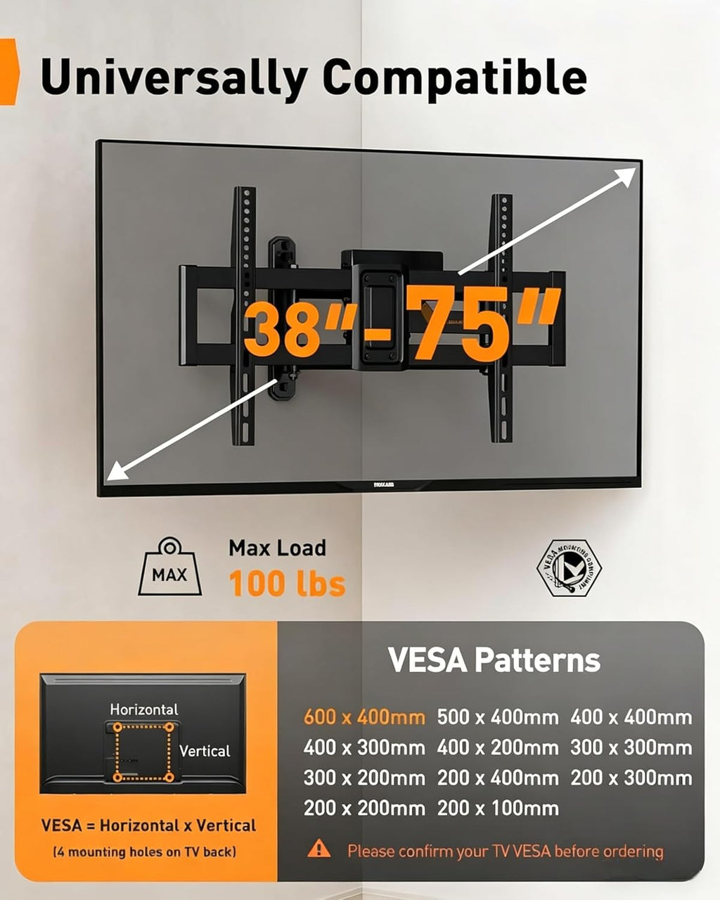 Perlegear Long Arm TV Wall Mount Full Motion with Surge Protection Power Strip for 38–75 Inch TVs, Corner TV Mount with 31.5″ Long Extension, Swivel, Tilt, Max VESA 600x400mm, Holds up to 100 lbs