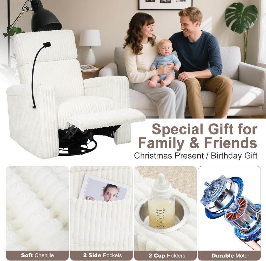 ABCASA Power Recliner Rocking Chair Nursery Glider, Swivel Reclining Nursery Rockers for Baby Room & Living Room, Corduroy Chair with Phone Holder, USB/Type-C Ports, Arm Storage, White