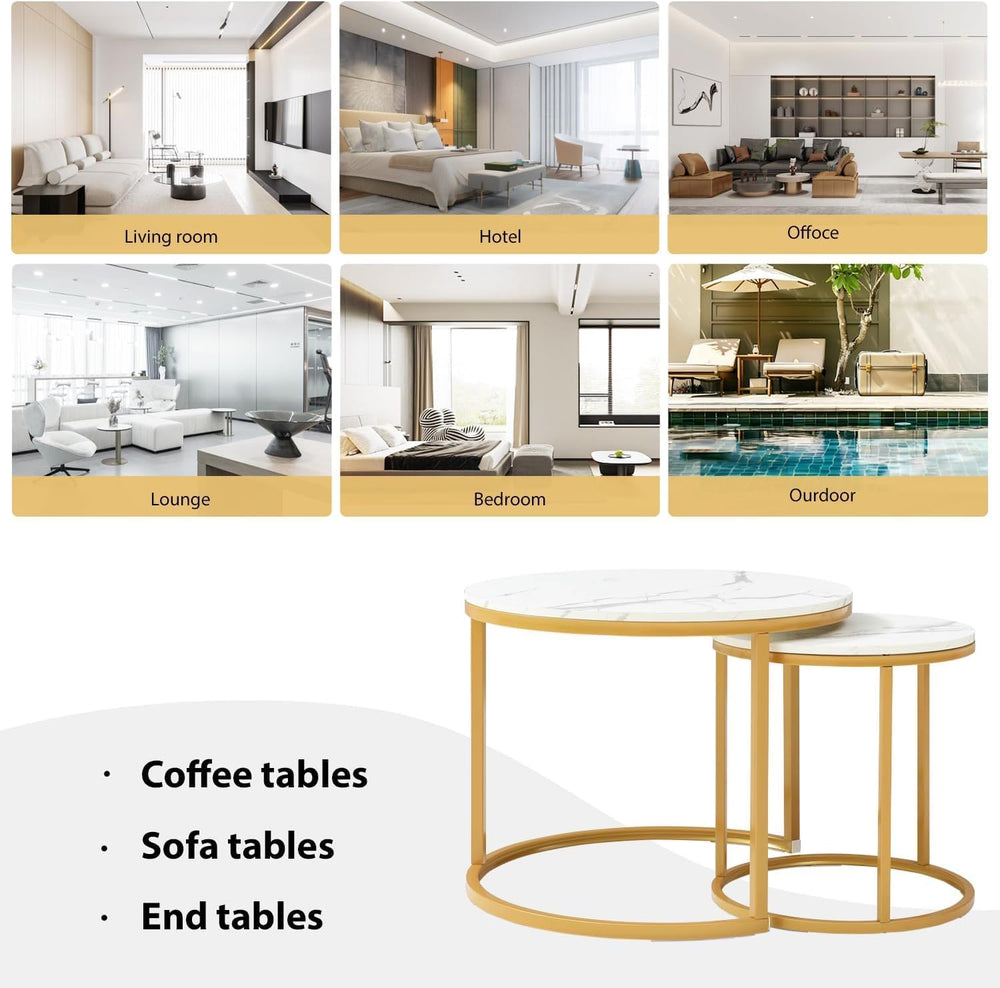 Nesting Coffee Table Set of 2, Round Coffee Table w/Marble Pattern Top, Moder...