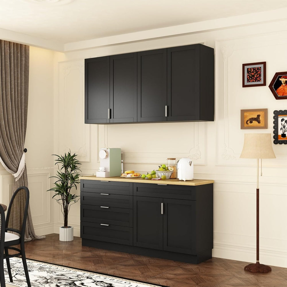Kitchen Cabinet Set with 5 Drawers and Shelves, Wall-Mounted Pantry Cabinet S...