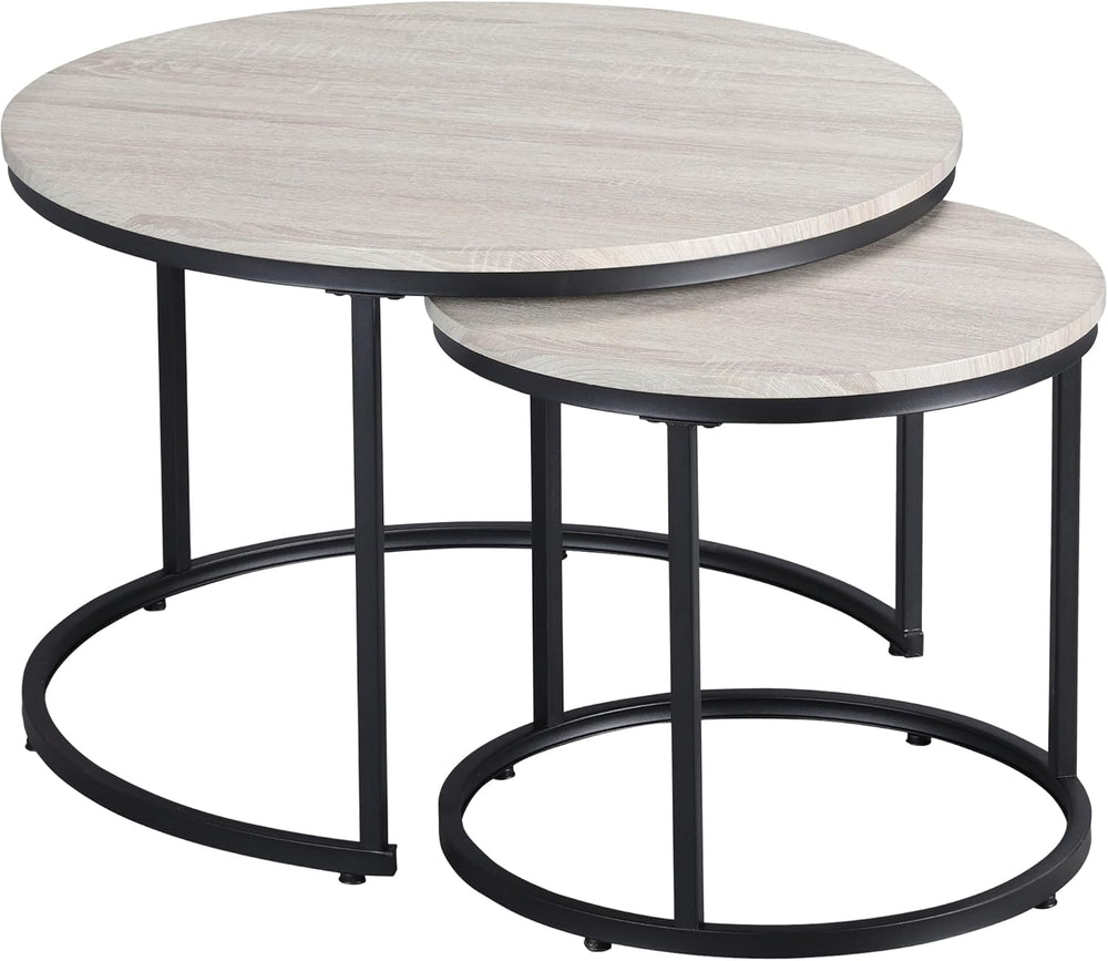 Round Nesting Tables Set of 2, Stacking Coffee Tables with Metal Frame | Grey...