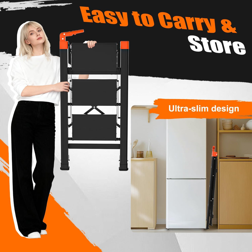 3 Step Ladder with Single Handrail, Retractable Handle 3 Folding Step Stool