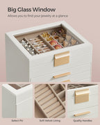 SONGMICS Jewelry Box Organizer with Glass Lid, 6-Layer Jewelry Storage, with 5 Drawers, Modern Style, Christmas Gift, 8 x 9.1 x 9 Inches, Cloud White and Gold Color UJBC176W01
