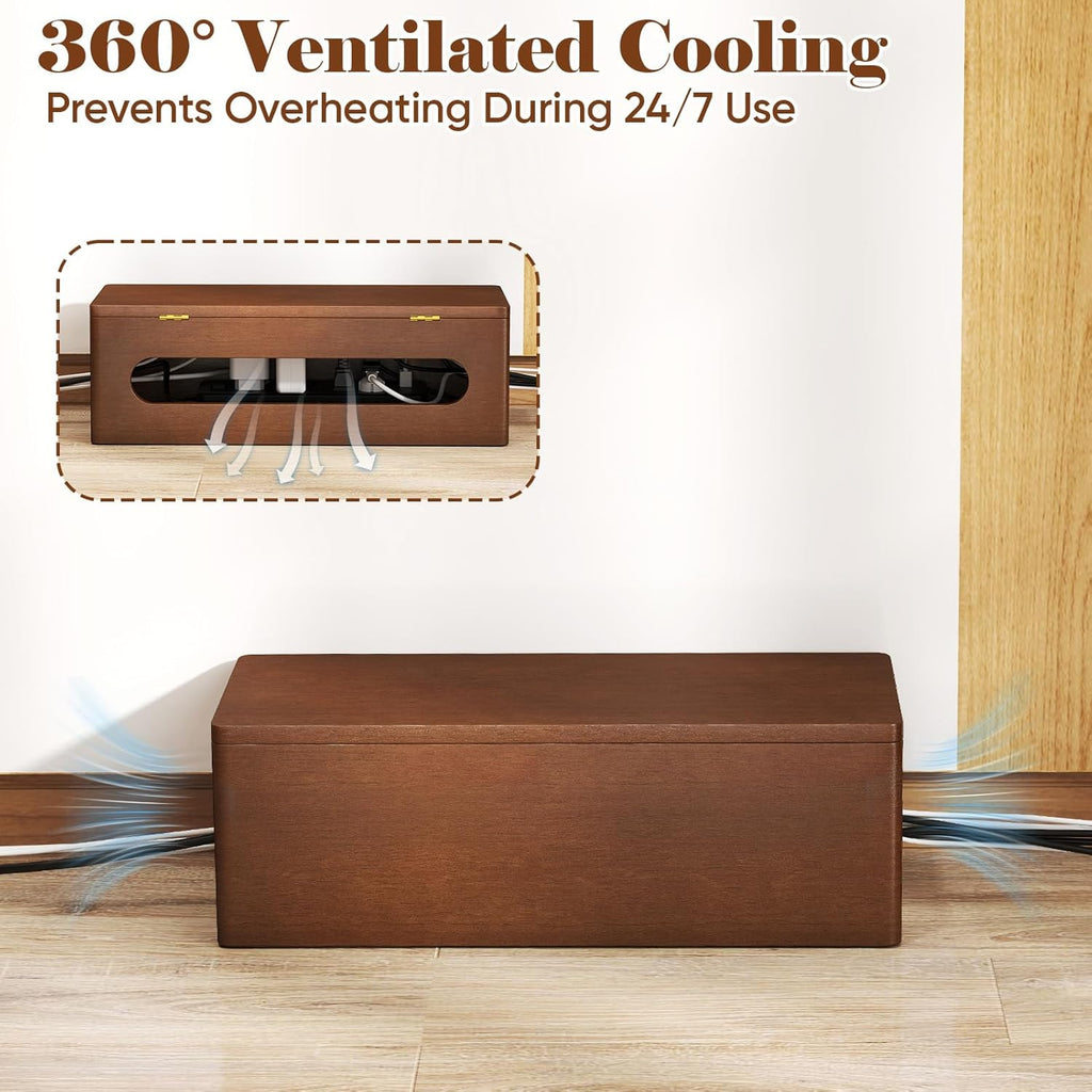 Delamu Cable Management Box Wooden with Magnetic Lid, Duty Desk Cord Organizer Power Strip Cover Box with Ventilation for Desk, Floor, Home Office, Baby Pets Safe Storage Solution
