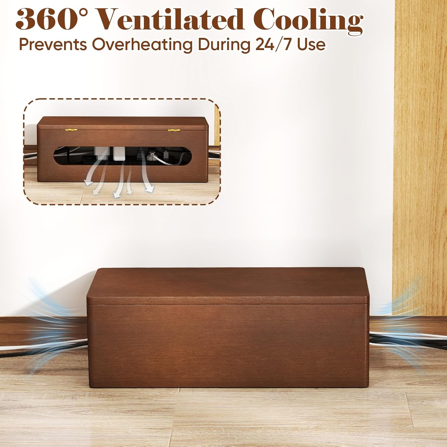 Delamu Cable Management Box Wooden with Magnetic Lid, Duty Desk Cord Organizer Power Strip Cover Box with Ventilation for Desk, Floor, Home Office, Baby Pets Safe Storage Solution