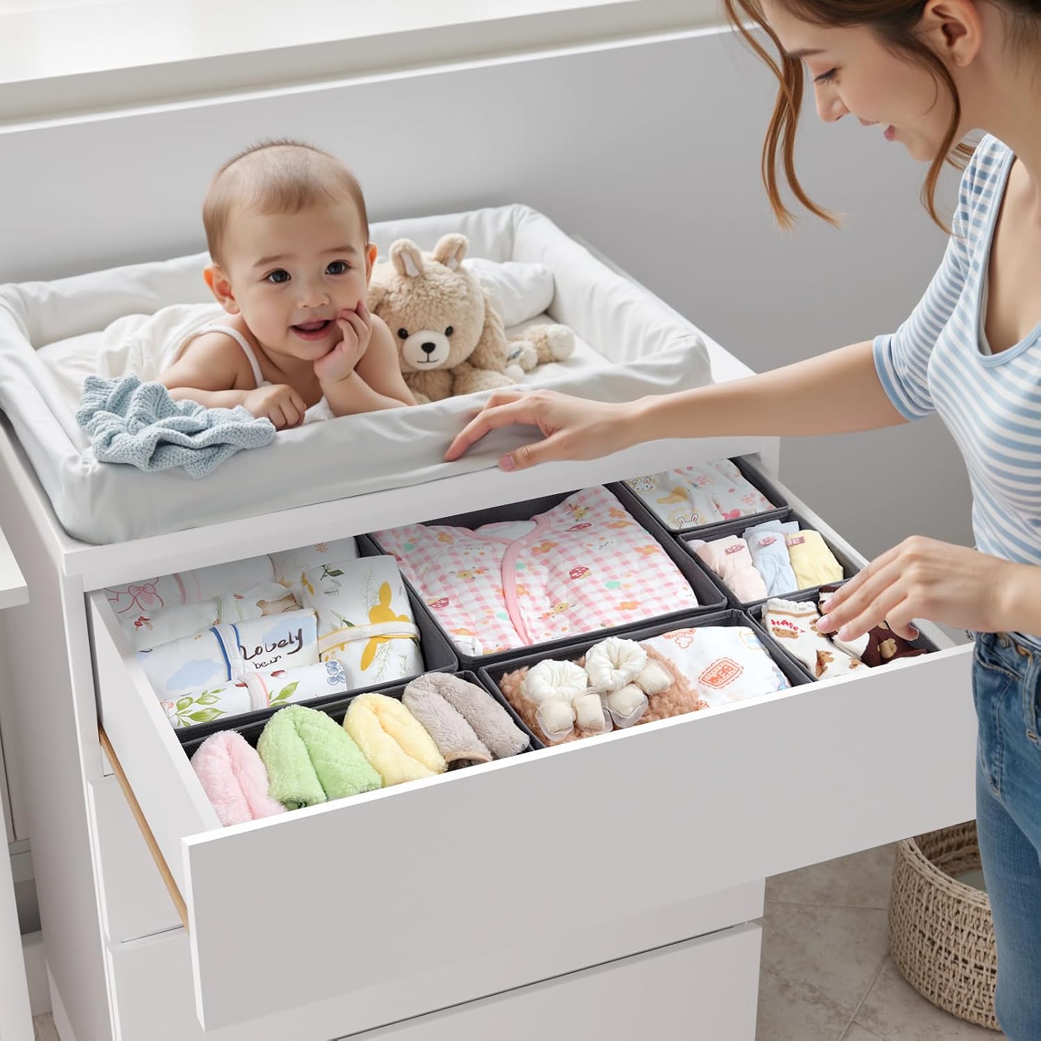 14 Pack Drawer Organizer for Clothes Dresser Organizer for Nursery-Perfect Baby Cloth Organizer and Storage General Nursery Organization or Dresser Drawer Organizer Bins Foldable Washable Grey