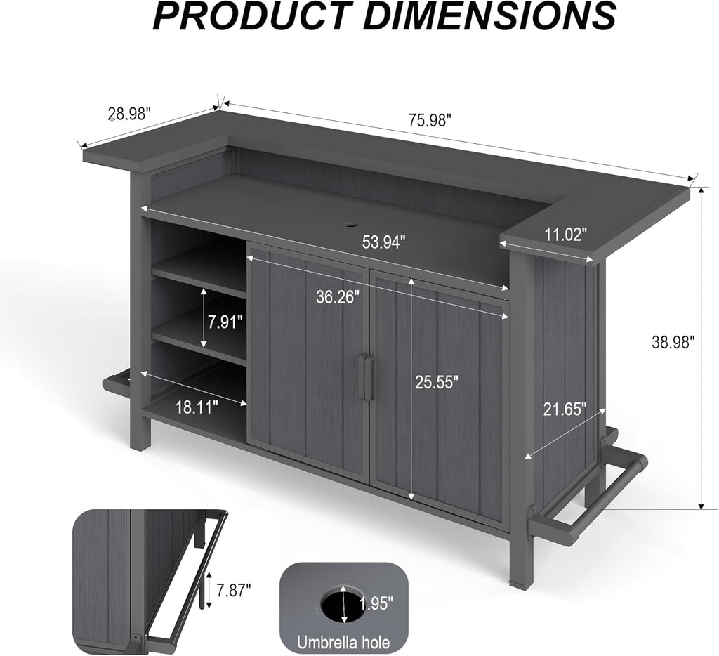 Domi Patio Bar Table, Outdoor Aluminum Bar Height Table with Cabinet, All Weather Use Storage Patio Cart for Patio Kitchen or Bar Cart, Black Grey
