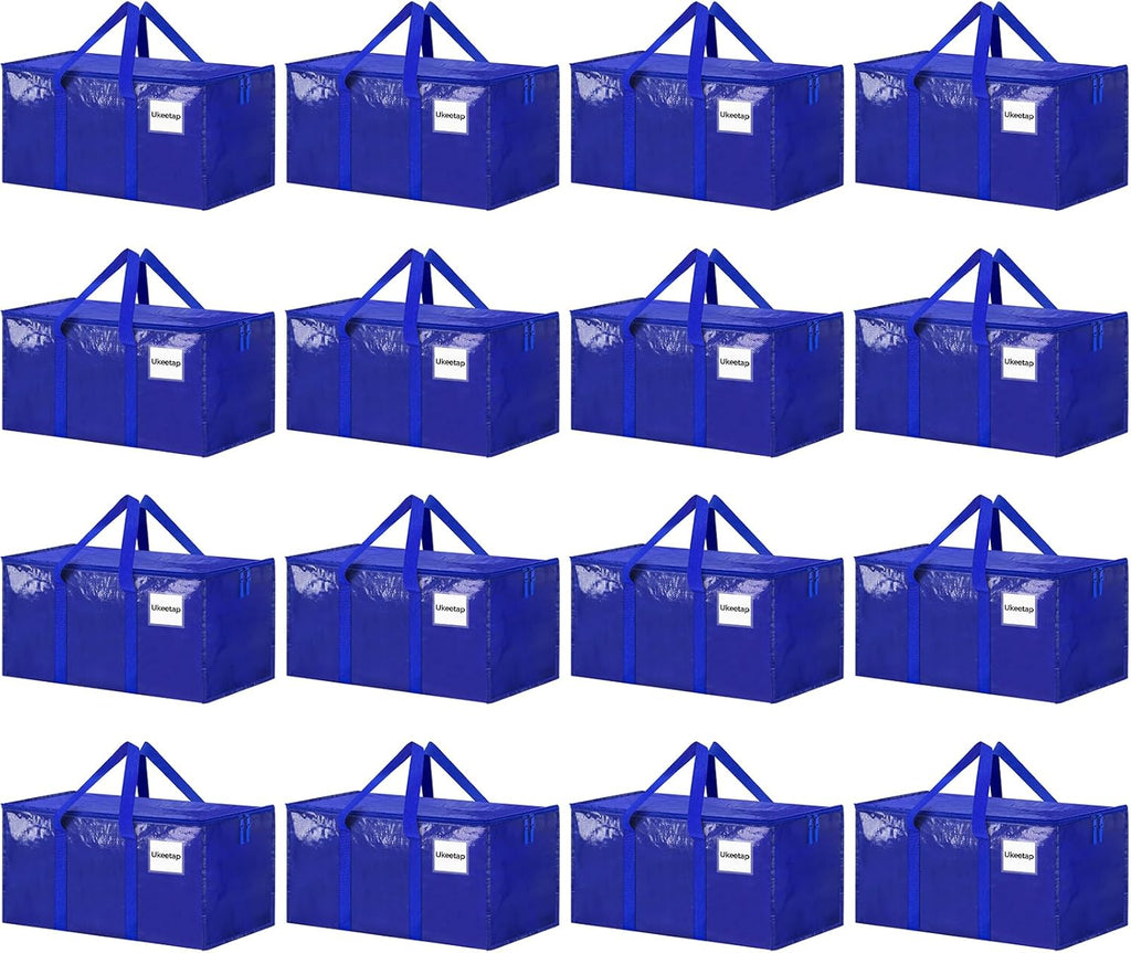 16 Pack Extra Large Heavy Duty Moving Bags, Blue Storage Bins with Lids, Reinforced Handles & Heavy-Duty Zippers Moving Boxes Storage Bags Totes for Clothes Packing, Dorms, College Supplies, Blue