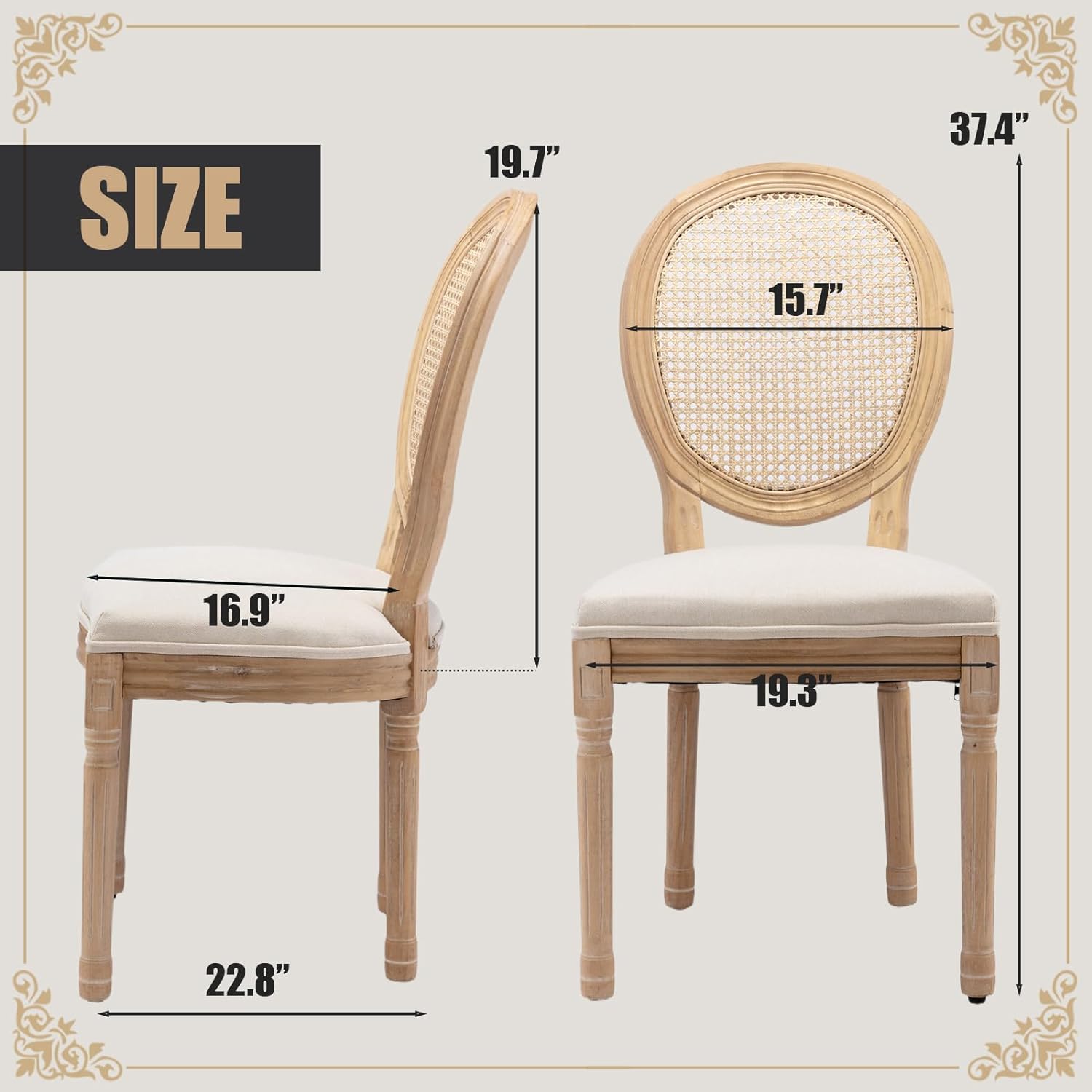SoarFlash French Dining Chairs Set of 2, Vantage Dining Chair with Round Back, Wood Leg Farmhouse Country Rattan Dining Chair for Kitchen,Bedroom,Beige