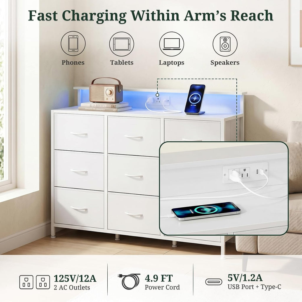 TV Stand with LED Lights & Charging Station, 9 Fabric Drawers Dresser | Entertainment Center for TV up to 55 inch Wooden Media Console Table Storage Organizer for Living Room, Bedroom, White