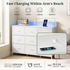 TV Stand with LED Lights & Charging Station, 9 Fabric Drawers Dresser | Entertainment Center for TV up to 55 inch Wooden Media Console Table Storage Organizer for Living Room, Bedroom, White