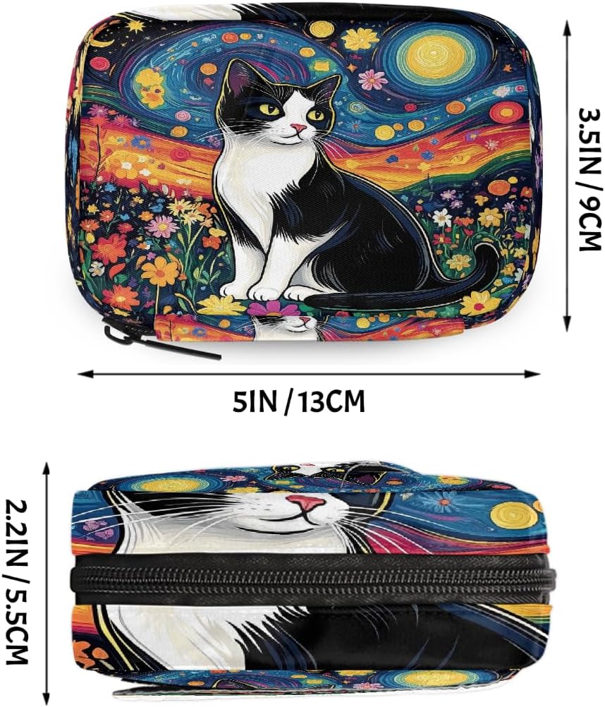 Oli Painting Cat Flowers Pill Organizer Travel Medicine Case with Zipper Daily Vitamin Storage Bag Portable 8 Slot Weekly Pill Box Supplement Holder for Home Office Gym Travel