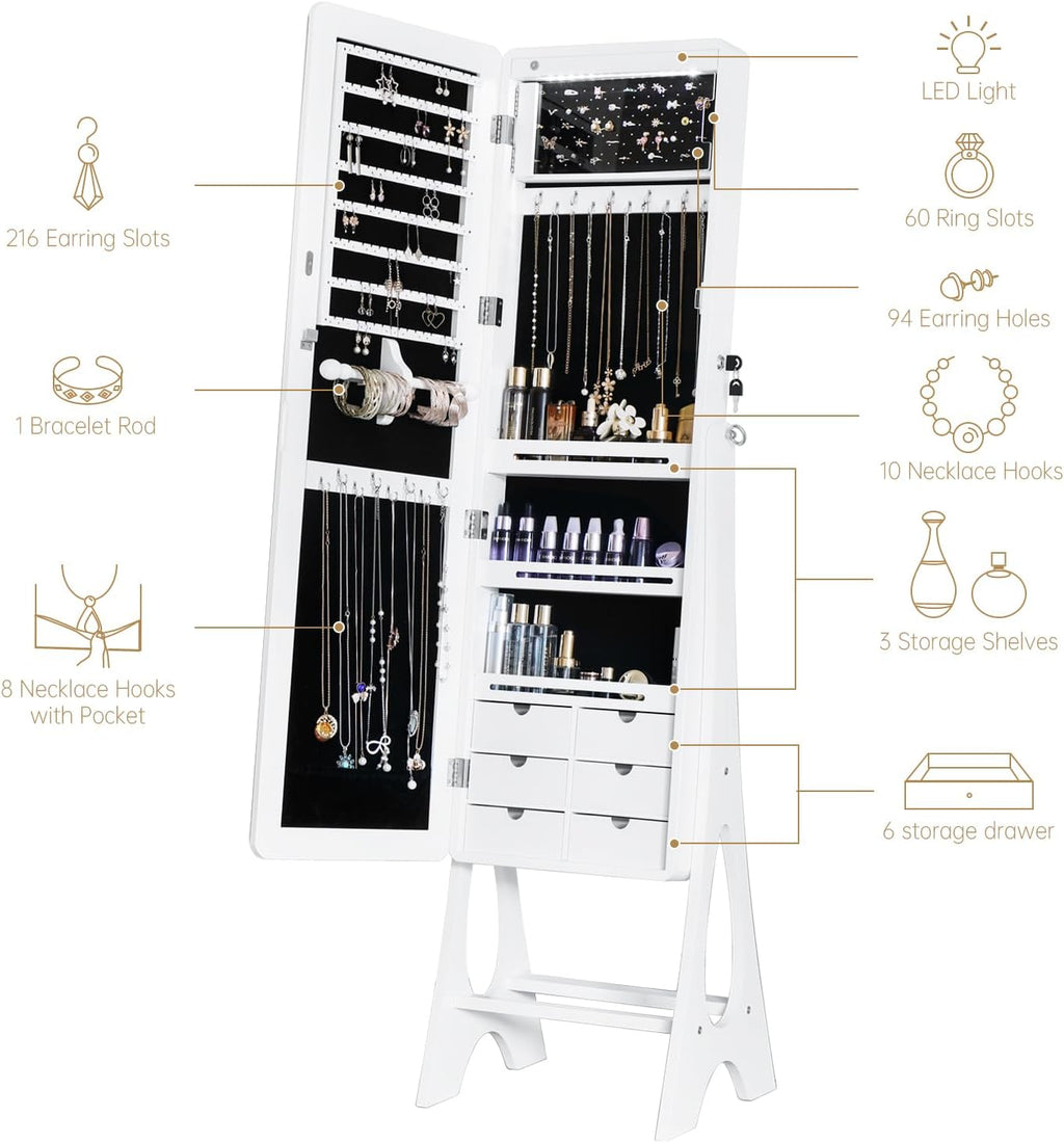 Full Length Mirror Jewelry Armoire Cabinet Standing Organizer | Lockable Jewelry Storage for Women Girl Full-Length Frameless LED Lights 6 Drawers White